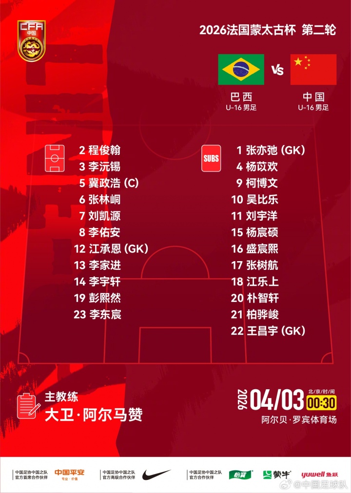 U16國(guó)少次輪戰(zhàn)巴西首發(fā)公布 劉凱源李佑安領(lǐng)銜